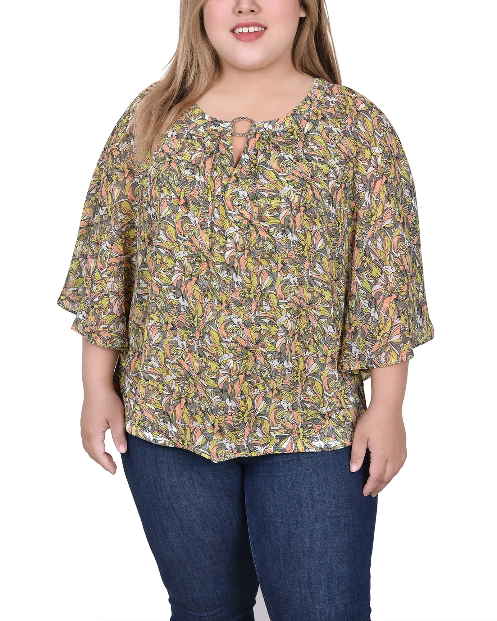 Plus Size Chiffon Poncho Top With Ring Modern Waist
