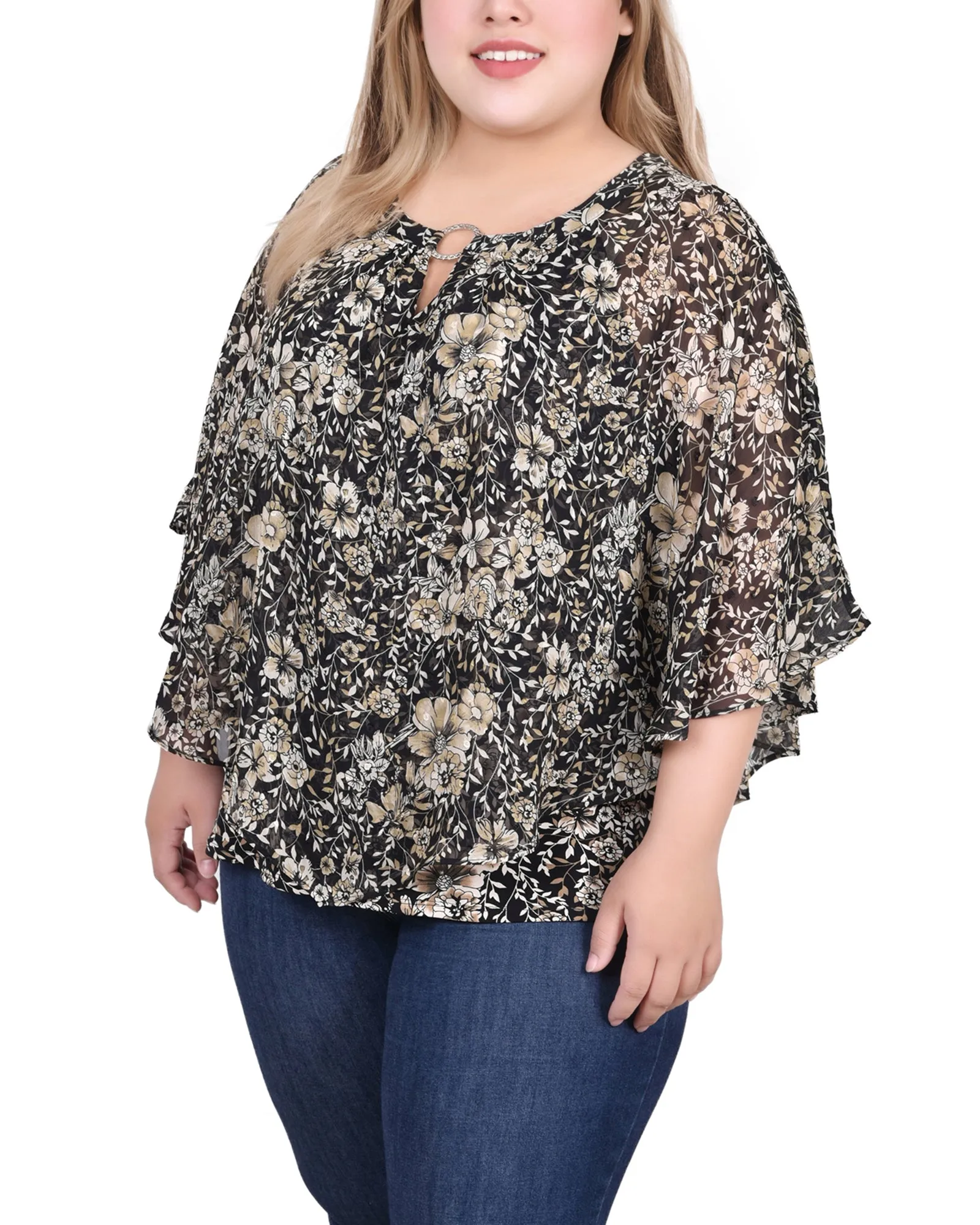 Plus Size Chiffon Poncho Top With Ring Euro Touch