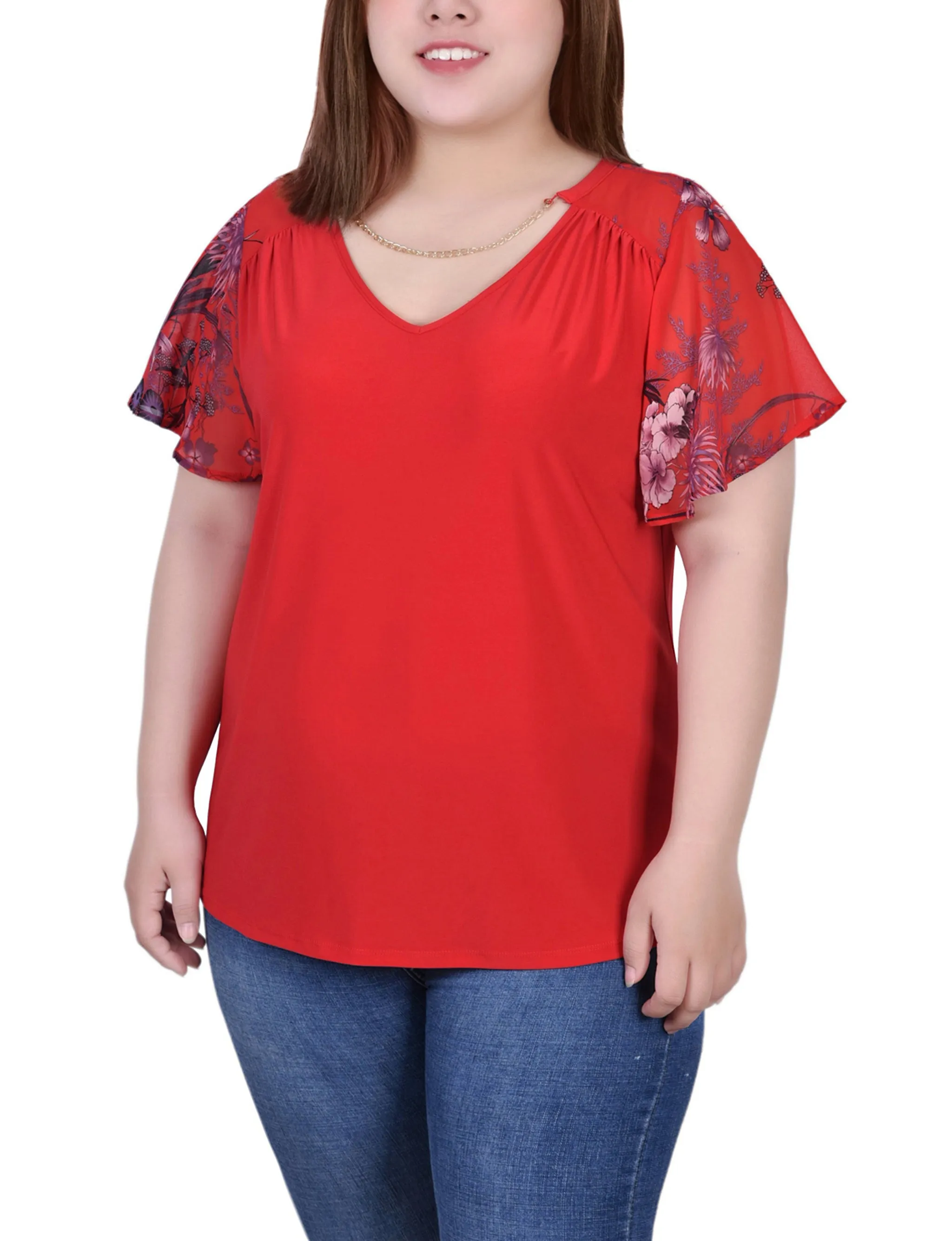 Mood Glow Plus Size Combo Chiffon-Sleeve V Neck Top