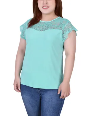 Plus Size Crepe Knit Top With Lace Flanged Sleeve and Yoke Timeless Style Texture Rich Plus Size Crepe Knit Top With Lace Flanged Sleeve and Yoke