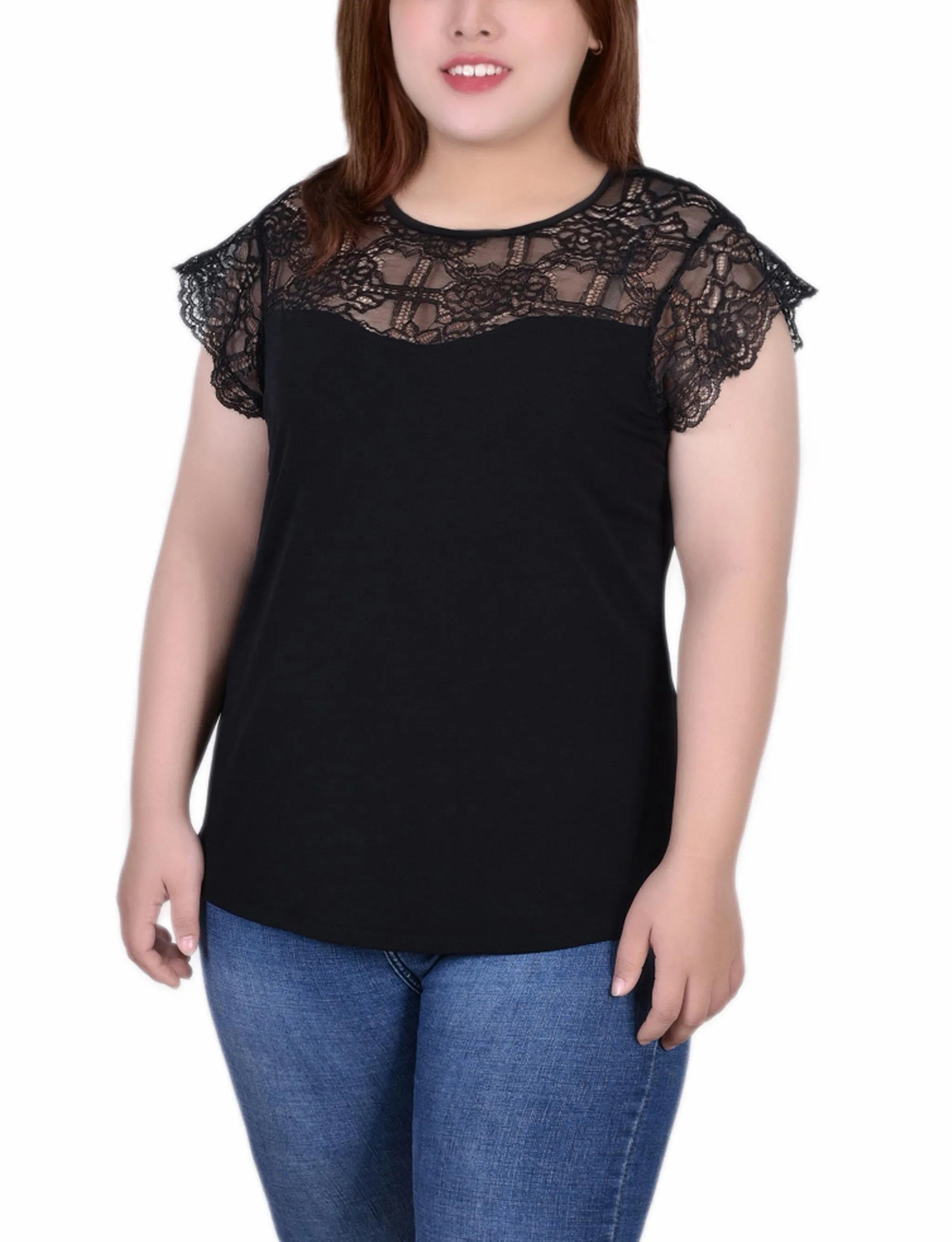 Plus Size Crepe Knit Top With Lace Flanged Sleeve and Yoke Balloon-Sleeve Flexible Comfort
