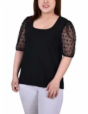 Plus Size Elbow Sleeve Crepe Top With Mesh Dotted Sleeves Flattering wear Plus Size Elbow Sleeve Crepe Top With Mesh Dotted Sleeves Front Detail Comfortable Design