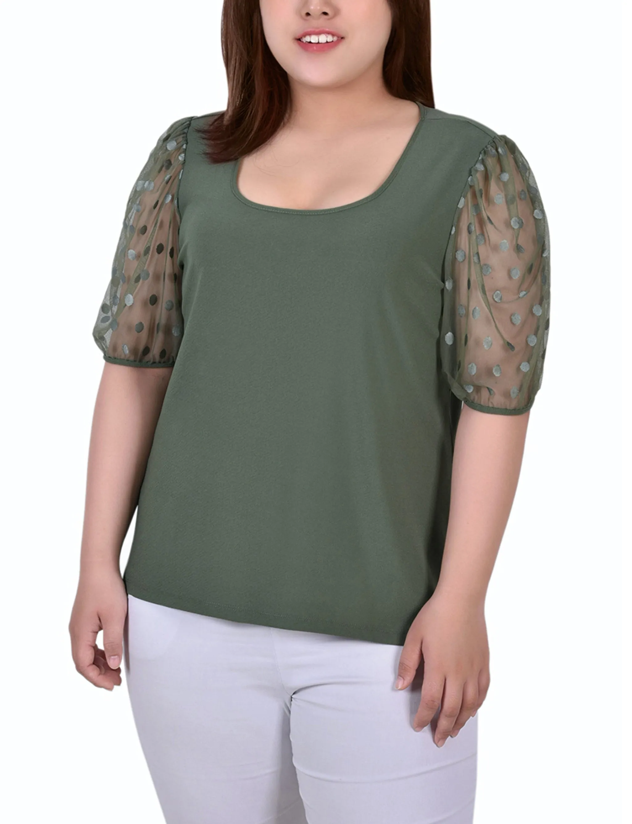 Plus Size Elbow Sleeve Crepe Top With Mesh Dotted Sleeves NonSlipClosure