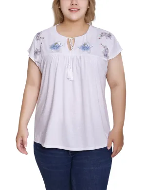 Plus Size Embroidered Yoke Extended Sleeve Top Feminine Cut Plus Size Embroidered Yoke Extended Sleeve Top Chic Wear