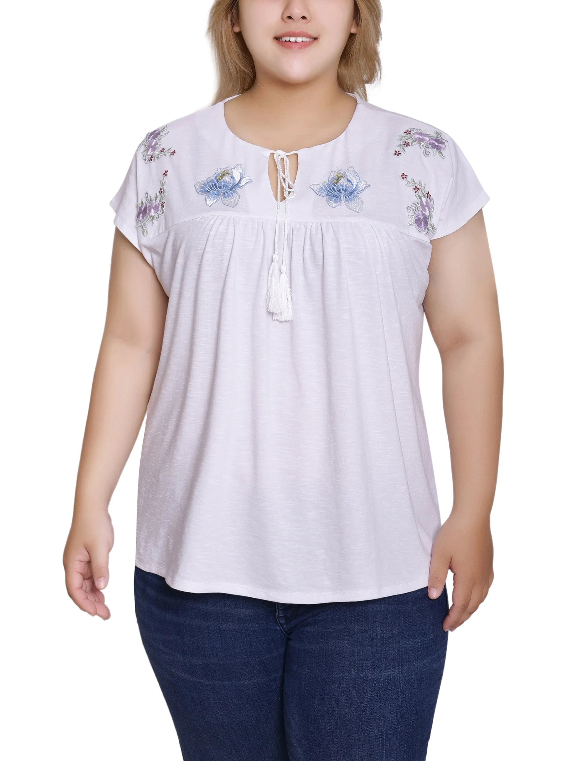 Plus Size Embroidered Yoke Extended Sleeve Top Relaxed Layers Urban Cool