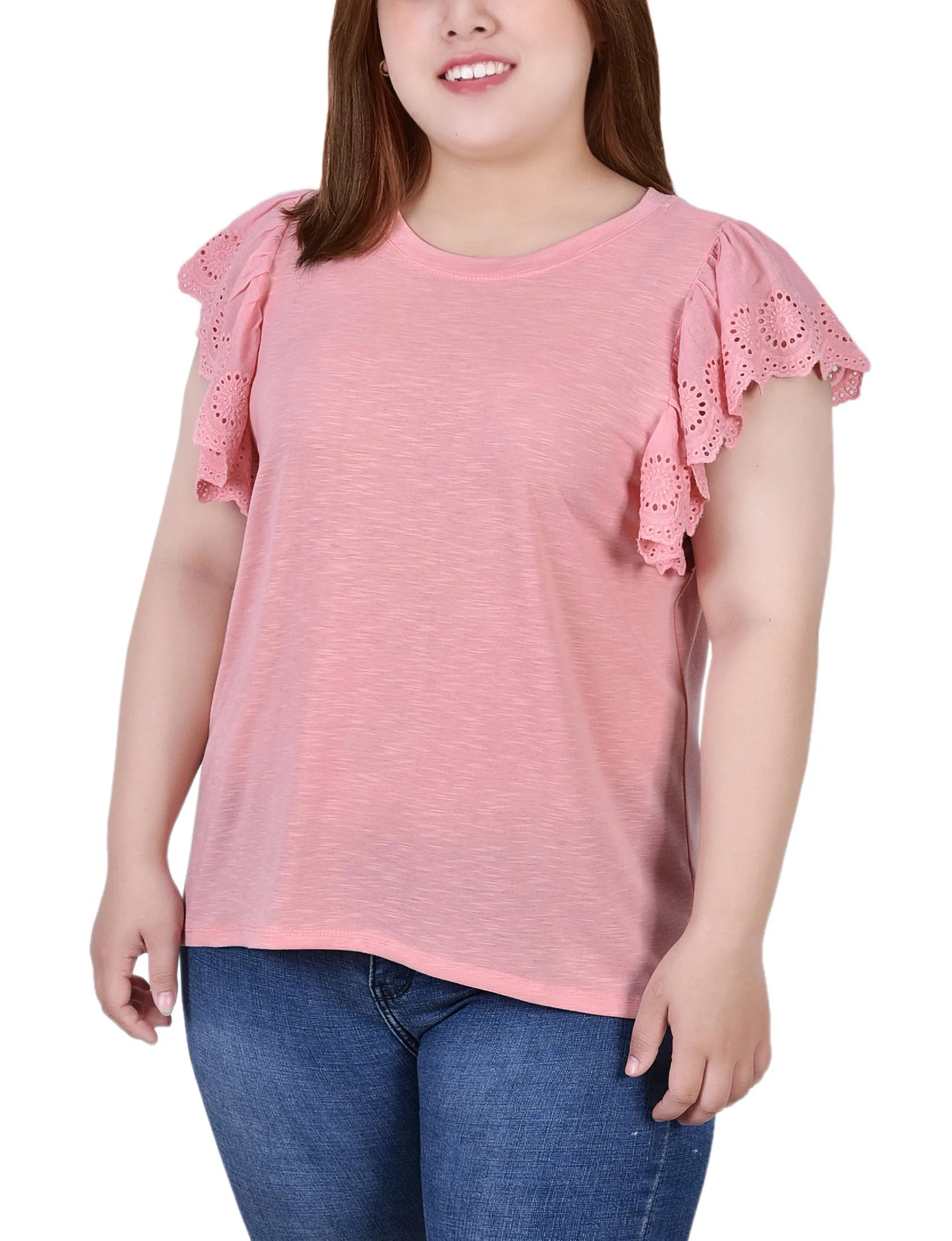 Plus Size Flutter Sleeve Slub Knit Top Smooth Layers Elegant Silhouette
