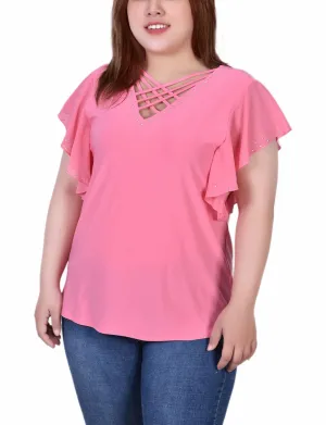Plus Size Flutter Sleeve Top With Criss Cross Strips Natural Look Plus Size Flutter Sleeve Top With Criss Cross Strips Vibrant Waist Grace Color