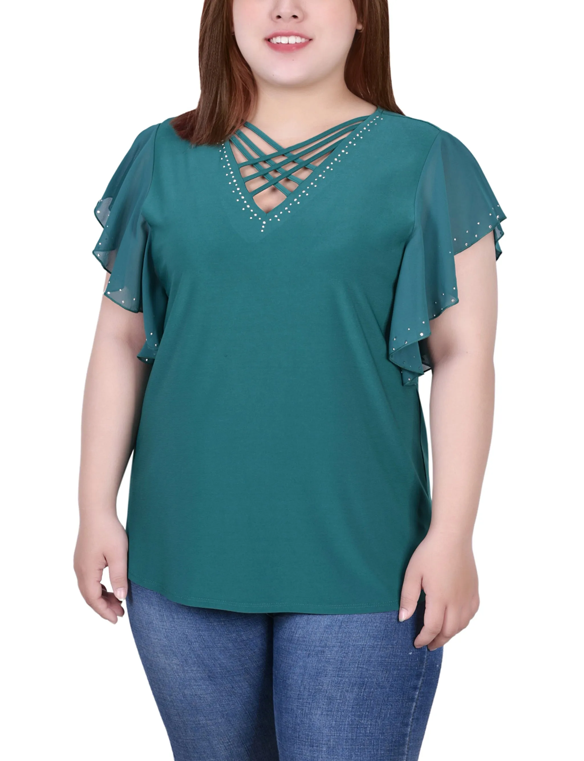 Cocktail Ready Plus Size Flutter Sleeve Top With Criss Cross Strips