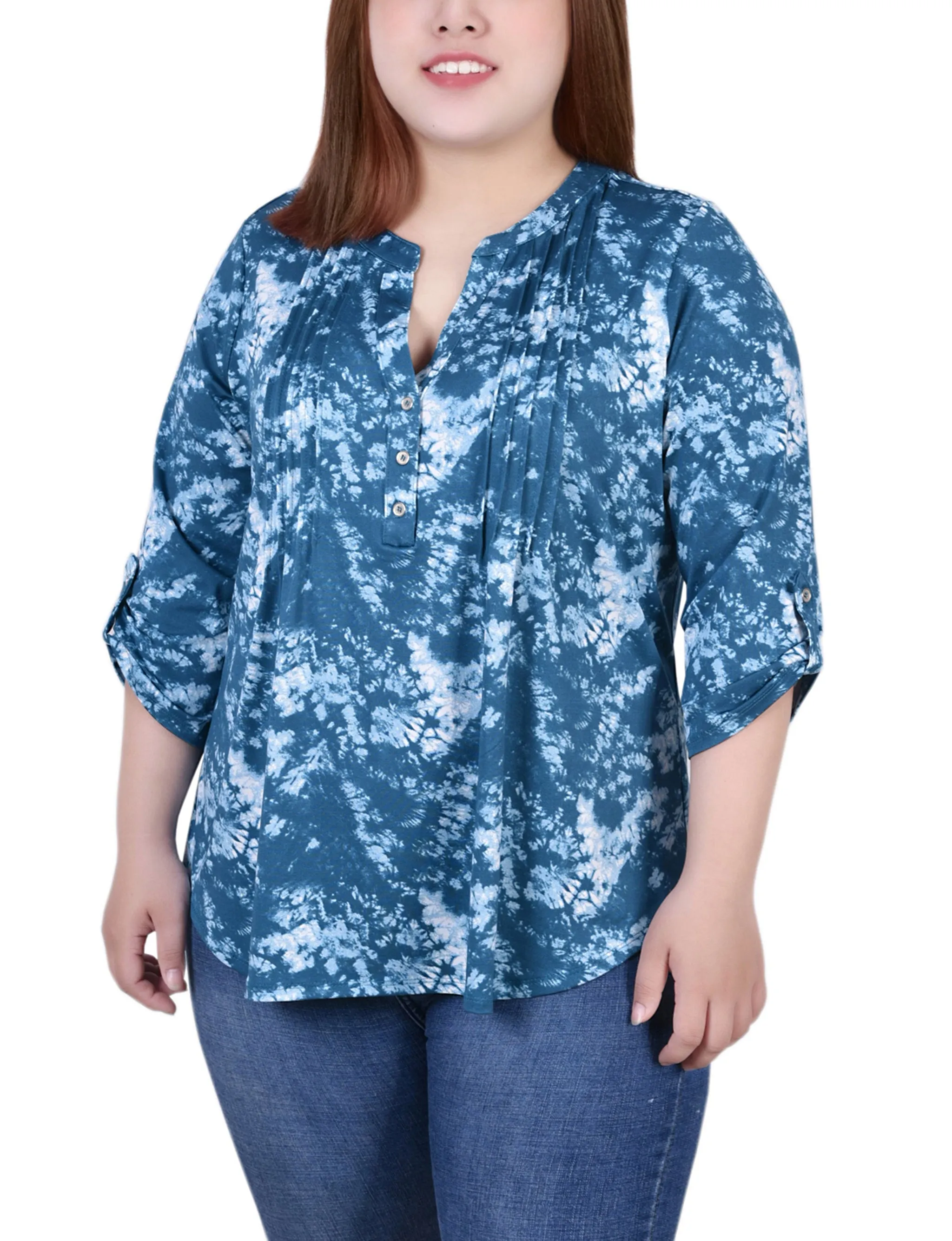 Clean Aesthetic Limited-Edition Plus Size Knit Jacquard 3/4 Sleeve Roll Tab Top