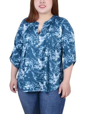 Plus Size Knit Jacquard 3/4 Sleeve Roll Tab Top Casual Charm Plus Size Knit Jacquard 3/4 Sleeve Roll Tab Top Easy Flow