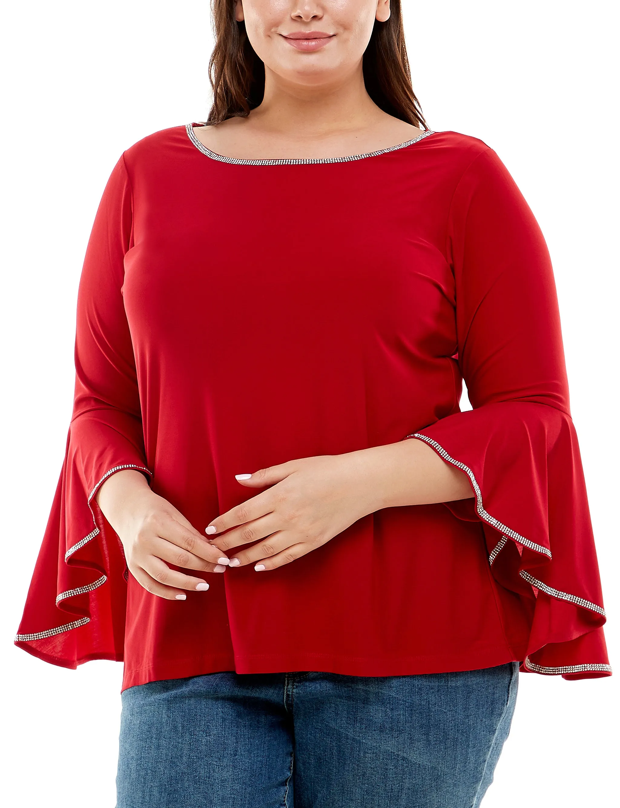 Vibrant Edge Tassel-Detail Plus Size Long Bell Sleeve Top With Stone Details