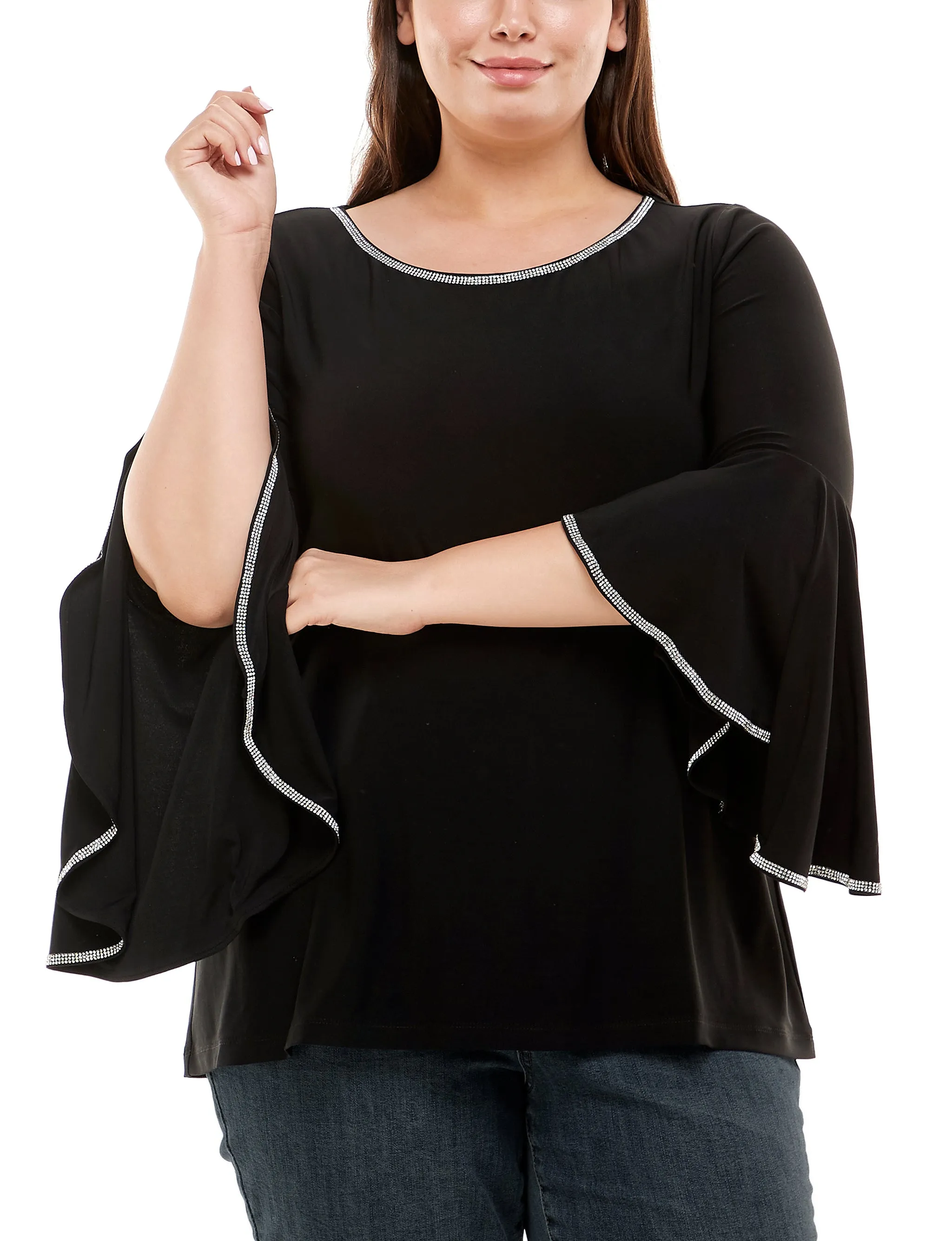 Casual Core Plus Size Long Bell Sleeve Top With Stone Details