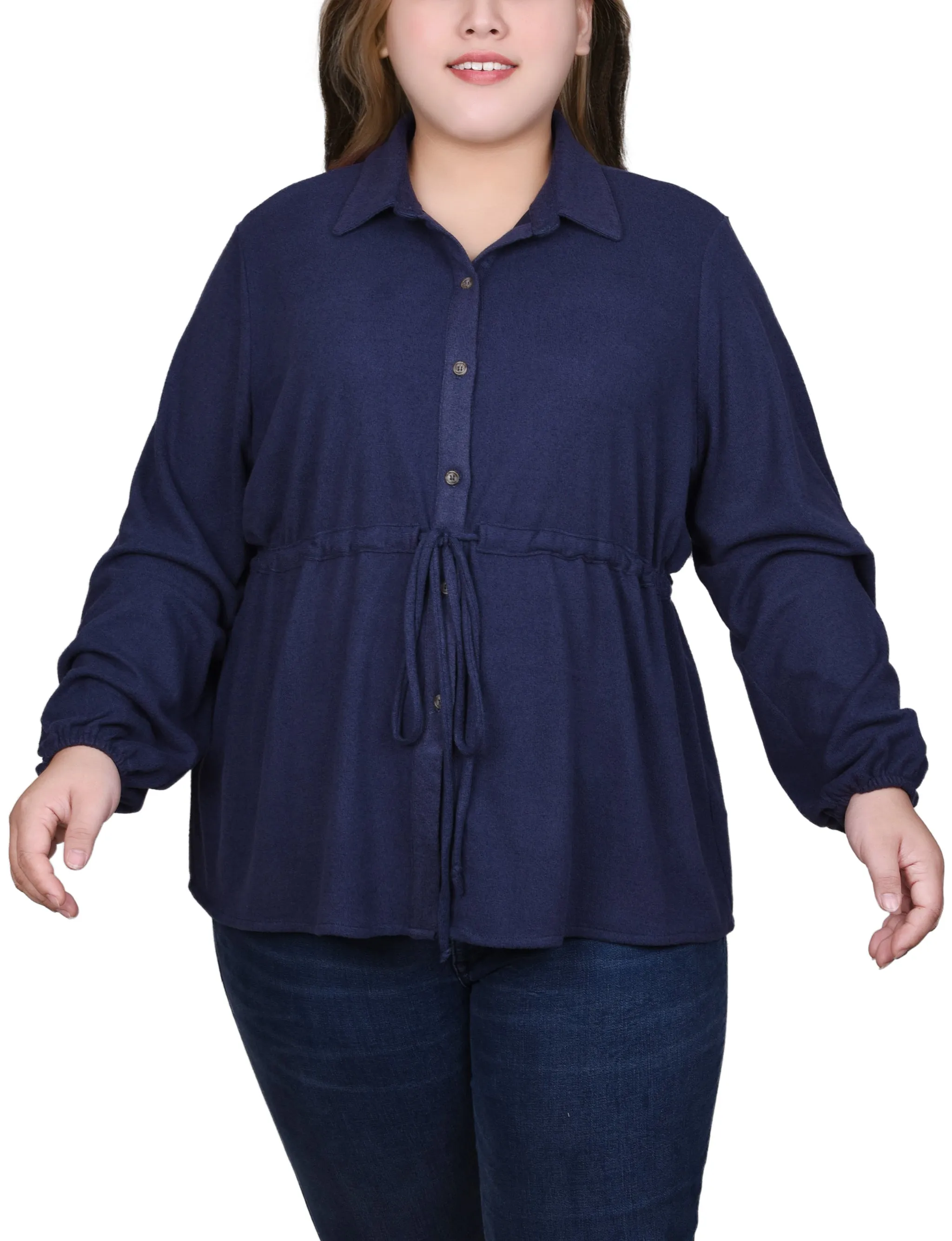 Plus Size Long Dolman Sleeve Drawstring-Waist Tunic Top Layered Volume