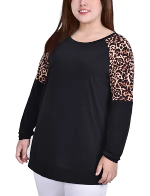 Plus Size Long Raglan Sleeve Top With Animal Print Insets Fresh Style Day Ready Collared Plus Size Long Raglan Sleeve Top With Animal Print Insets