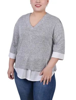 Plus Size Long Sleeve 2-In 1 Top Back Ruching Snap-Closure Tiered Skirt Plus Size Long Sleeve 2-In 1 Top