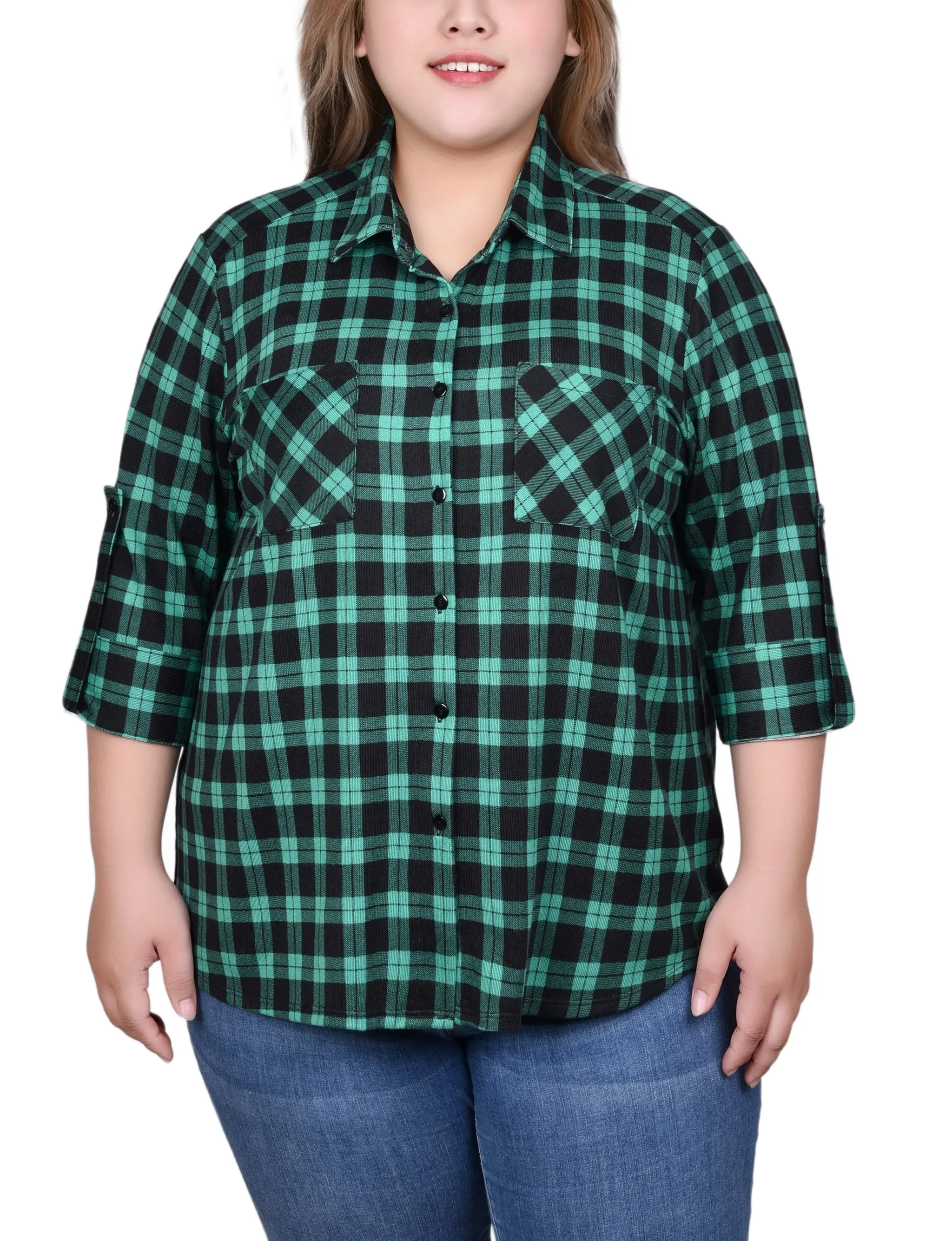 Modern-style Easy to Wear Plus Size Long Sleeve Button Front Tunic Top
