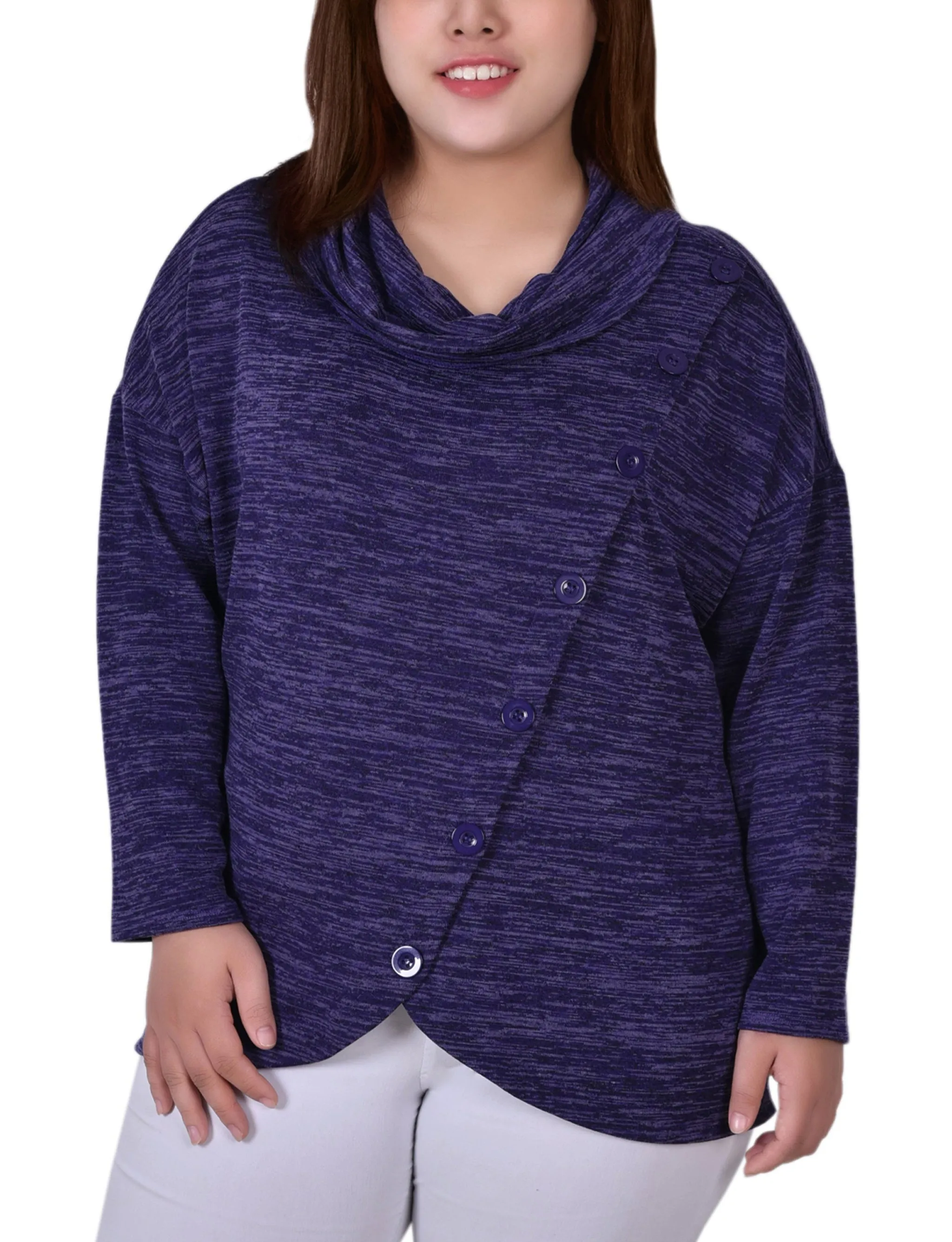 Plus Size Long Sleeve Cowl Neck Top With Button Detail Day-to-evening dress Light Silhouette
