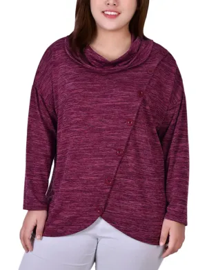 Plus Size Long Sleeve Cowl Neck Top With Button Detail Minimalist Style Plus Size Long Sleeve Cowl Neck Top With Button Detail V Neckline