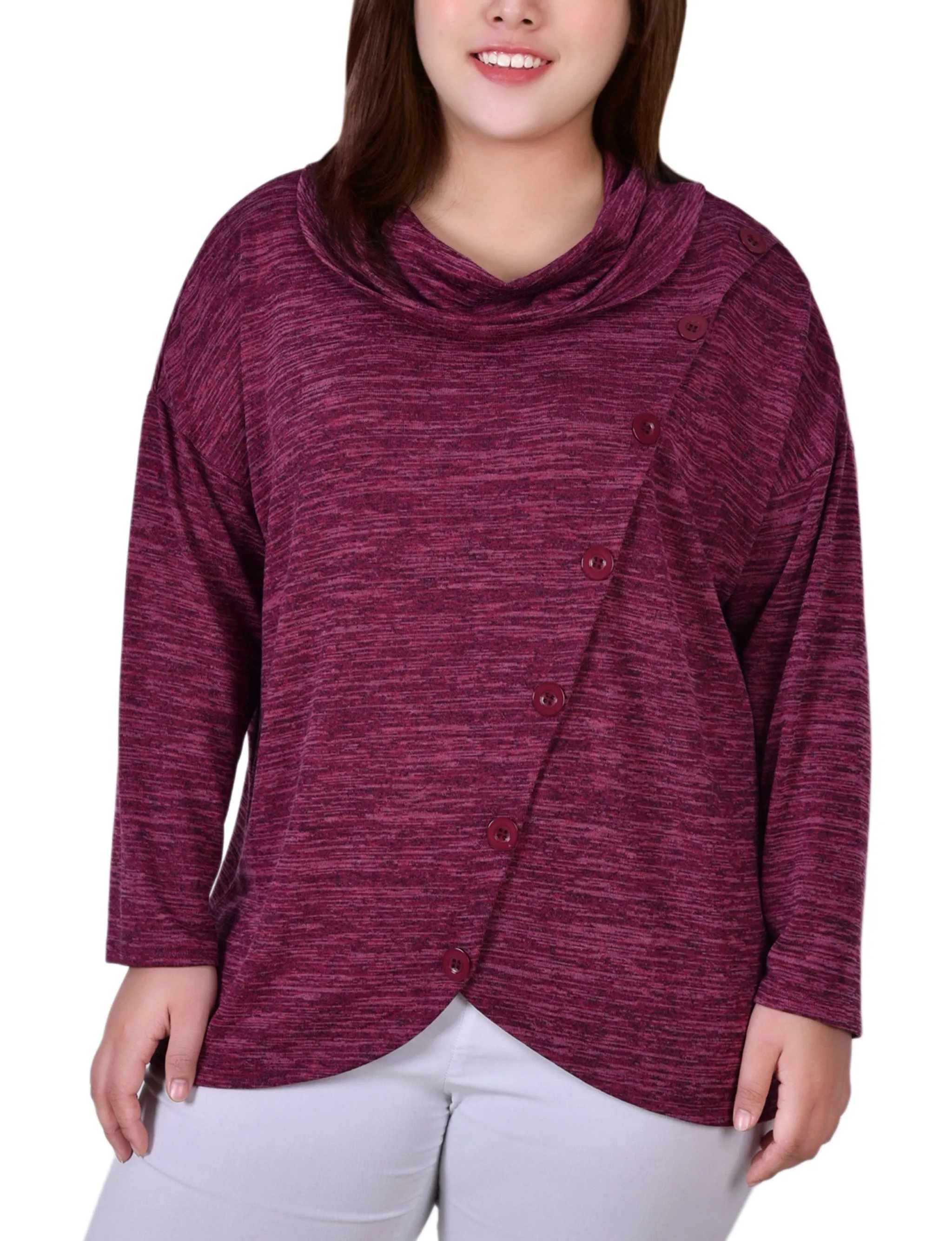 Plus Size Long Sleeve Cowl Neck Top With Button Detail Resort Vibes