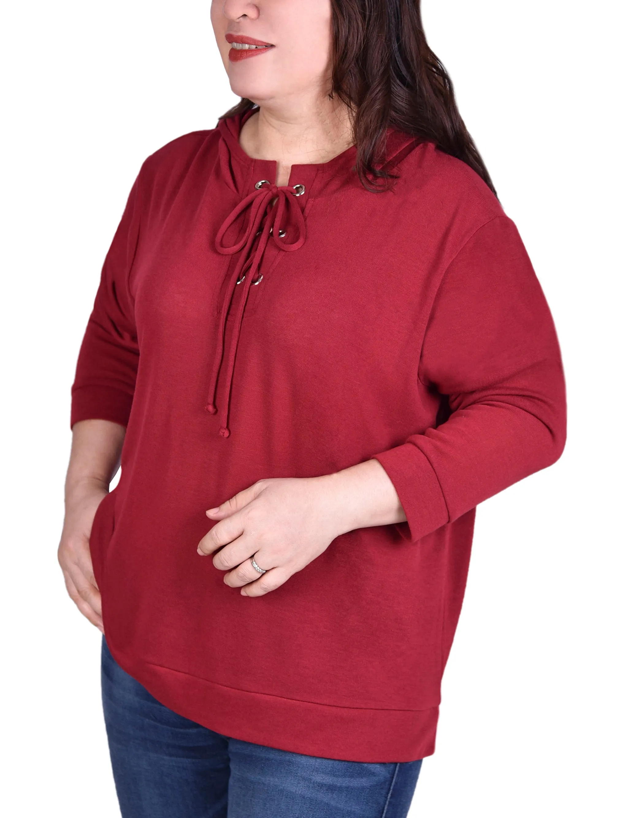 Trendy Look Plus Size Long Sleeve Hoodie Top With Laced Yoke
