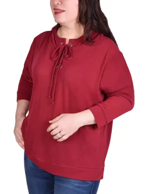 Plus Size Long Sleeve Hoodie Top With Laced Yoke Triple layer Trendy Look Plus Size Long Sleeve Hoodie Top With Laced Yoke