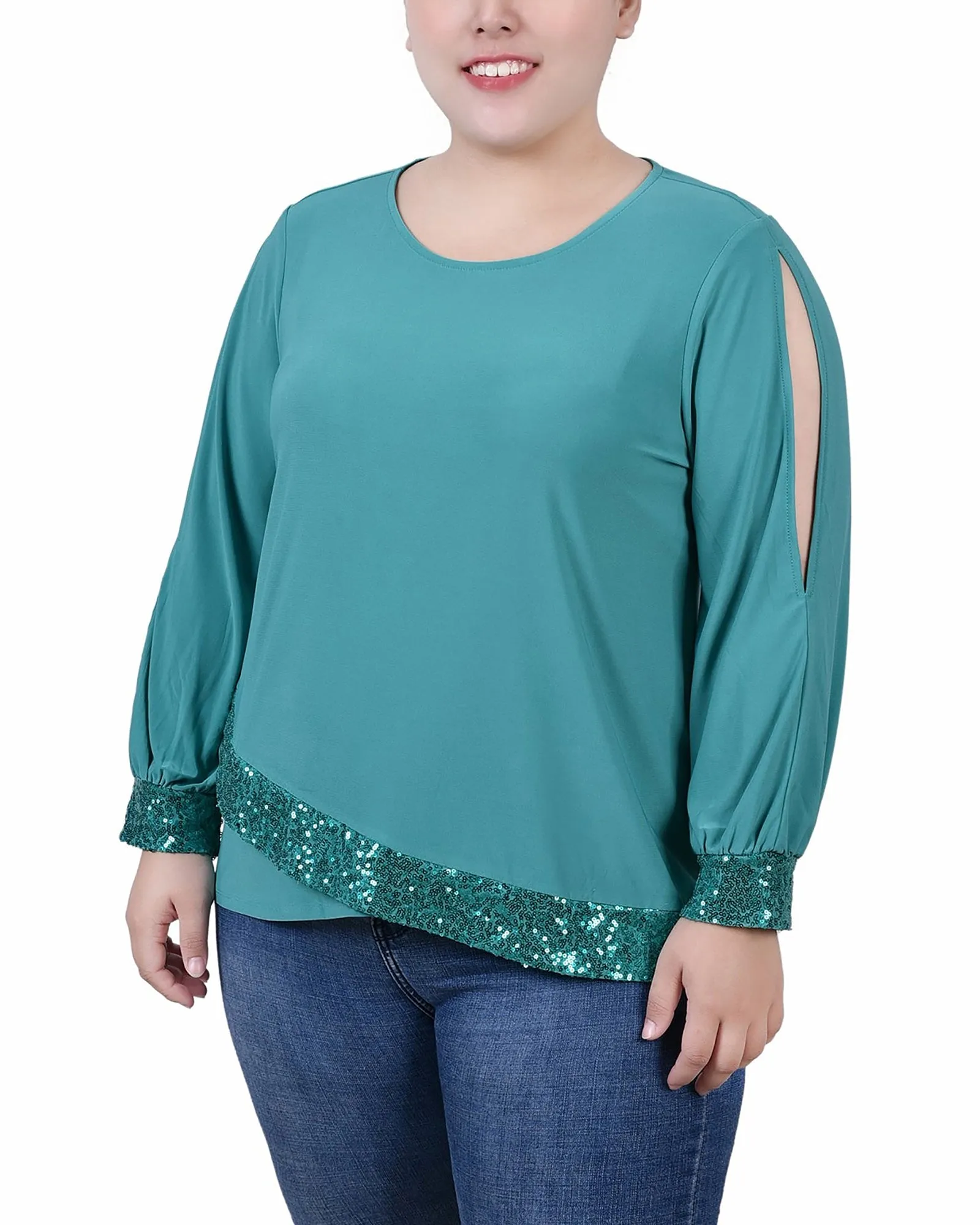Business casual Plus Size Long Sleeve Knit Top With Sequin Hem