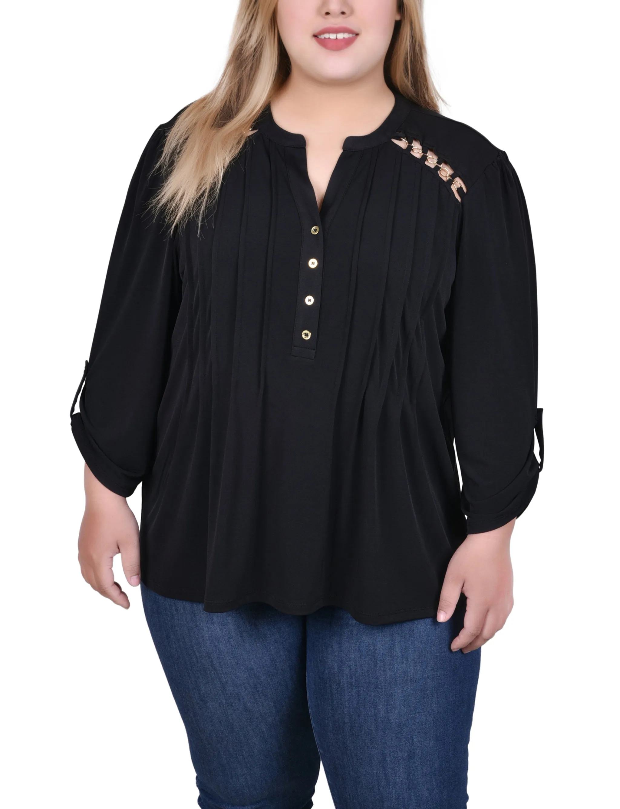 Plus Size Long Sleeve Pintuck Front Top With Chain Details Summer Wardrobe Luxe Mood