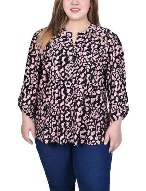 Plus Size Long Sleeve Pintuck Front Top With Chain Details Beach Ready Rose Flush budget-friendly Plus Size Long Sleeve Pintuck Front Top With Chain Details