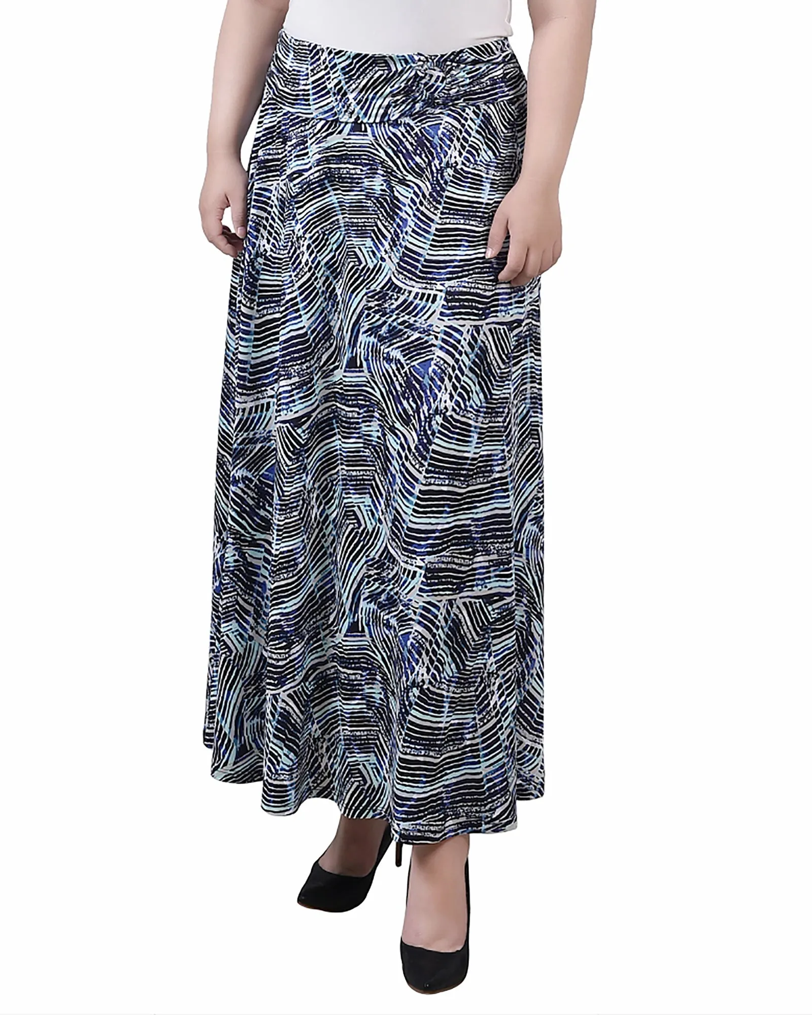 Sheer Overlay bold appearance Plus Size Maxi A-Line Skirt With Front Faux Belt With Ring Detail