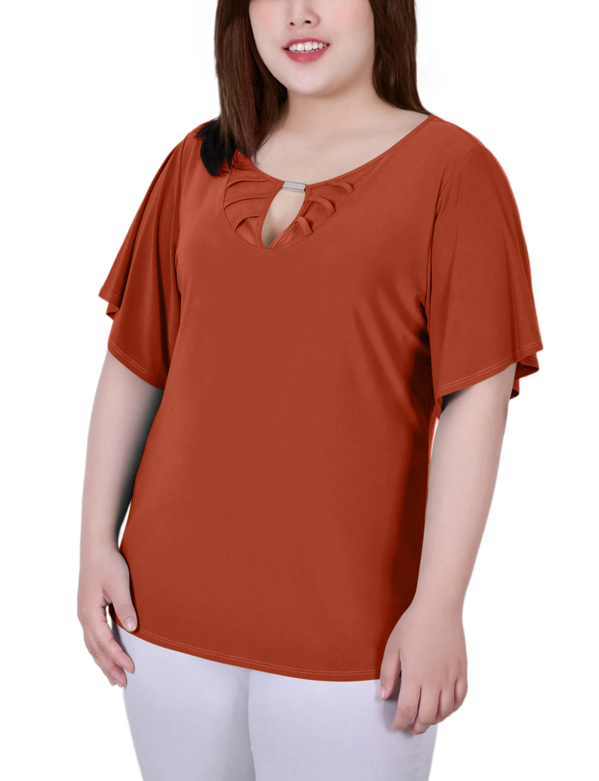 Stylish Design Plus Size Mesh Flutter Sleeve Knit Top