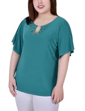 Plus Size Mesh Flutter Sleeve Knit Top Smart Outfits Sustainable-Lining Plus Size Mesh Flutter Sleeve Knit Top