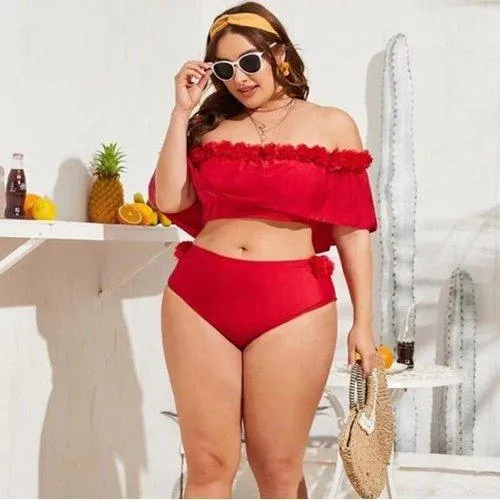 Plus Size Off Shoulder Push Up Ruffled Bathing Suit