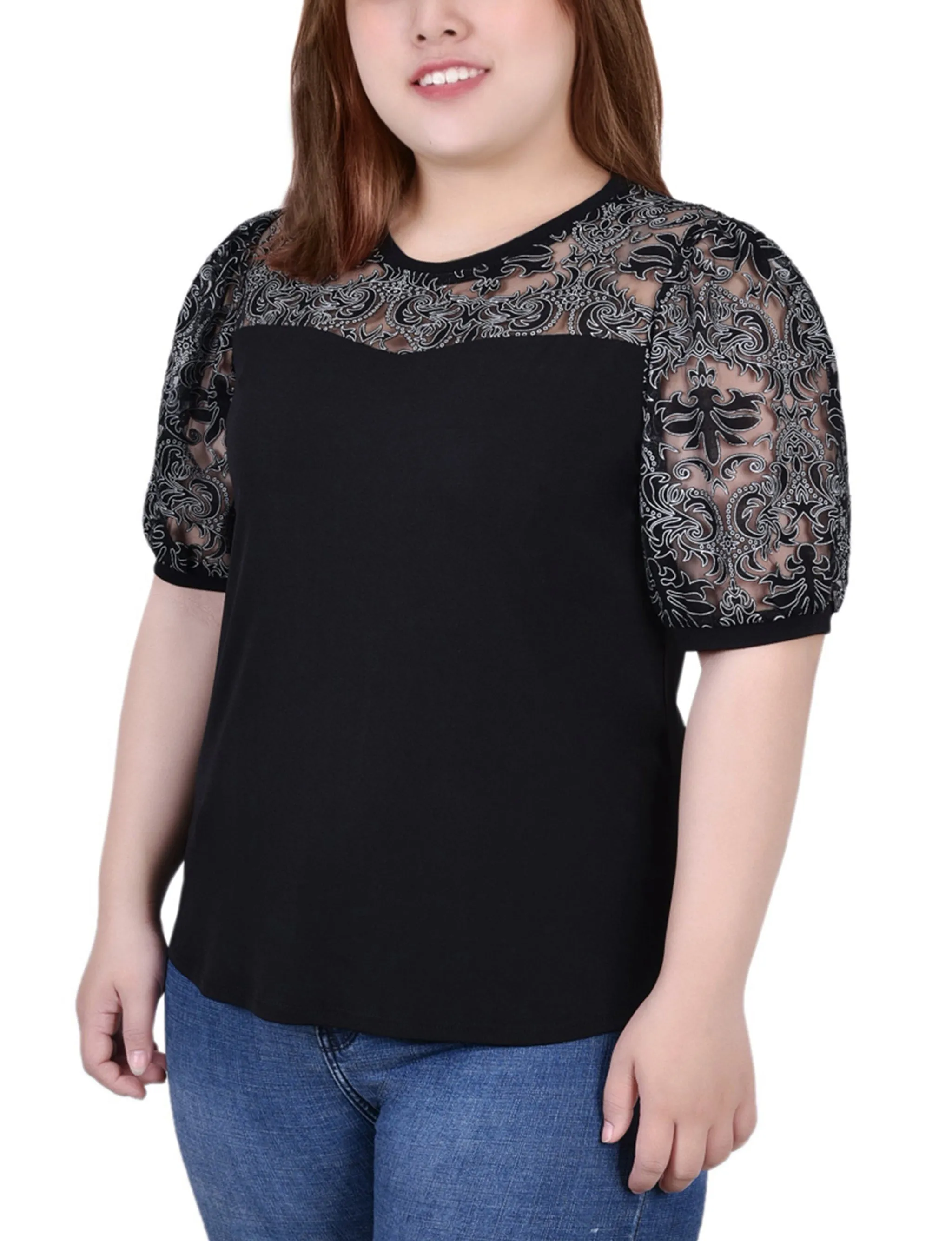 Plus Size Puff Lace-Sleeve Top Bold Movement