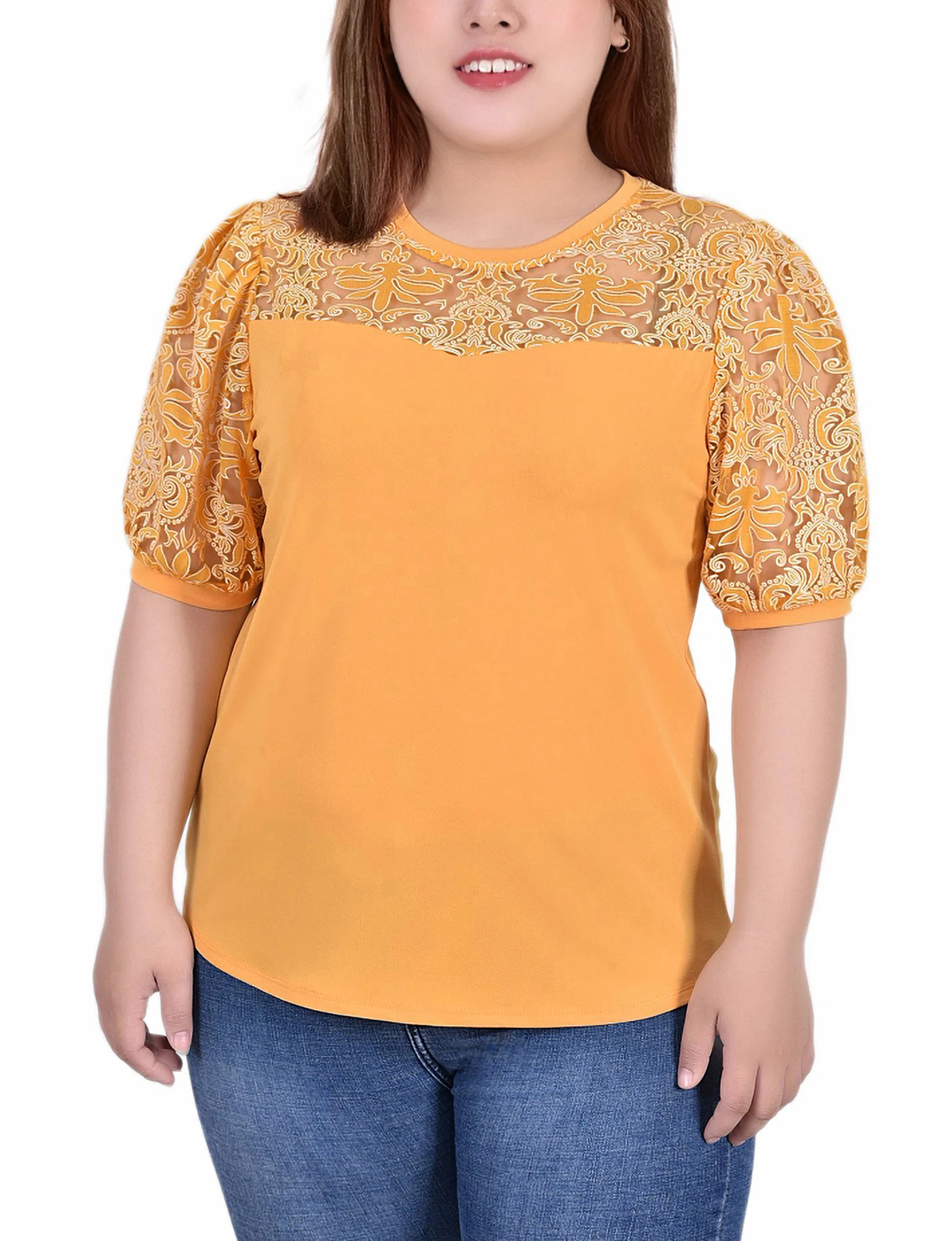 Plus Size Puff Lace-Sleeve Top Easy-Storage