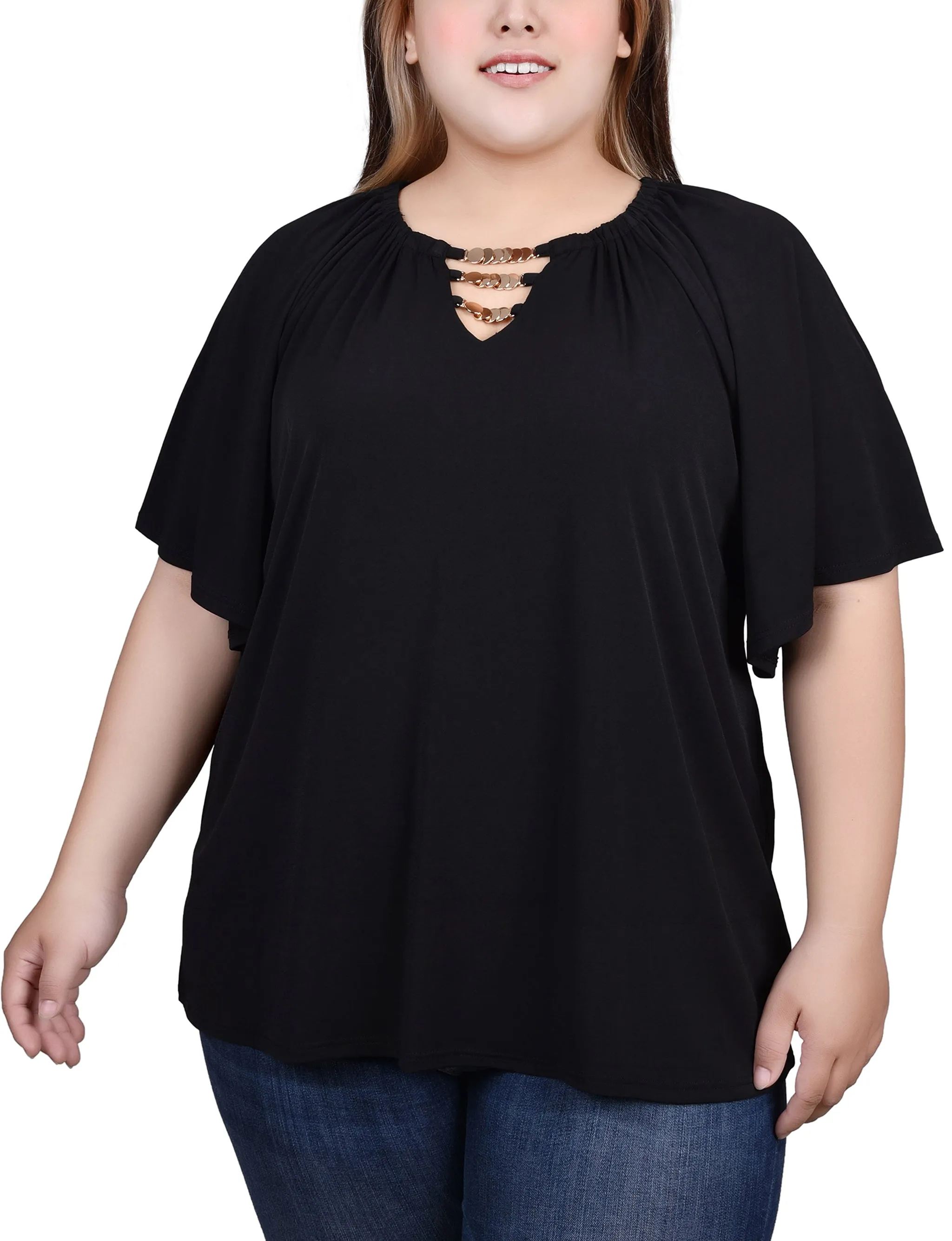 Plus Size Raglan Sleeve Top With Chain Details Travel-friendly Cool Comfort