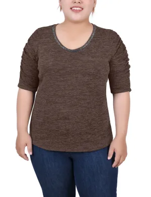 Plus Size Rouched Sleeve Top Fashionable Style Plus Size Rouched Sleeve Top Pink Glow