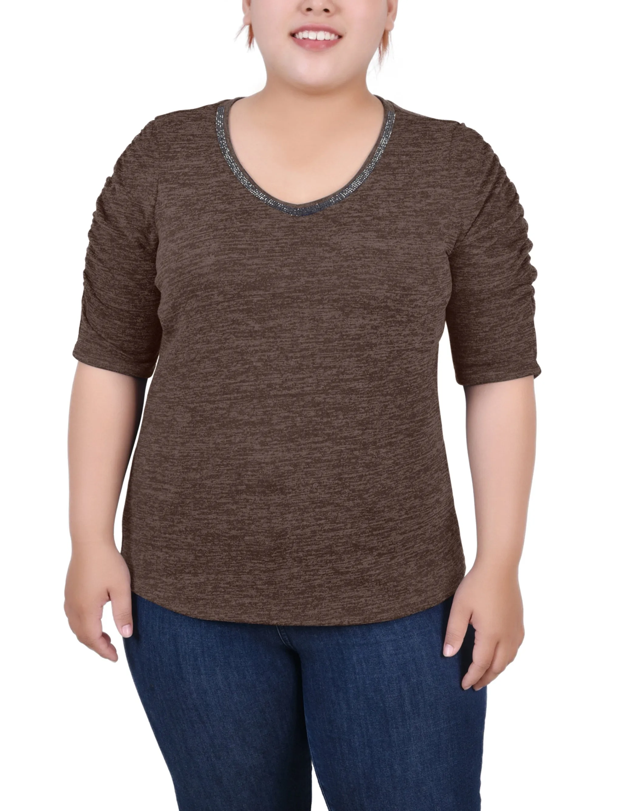 Plus Size Rouched Sleeve Top Pink Glow