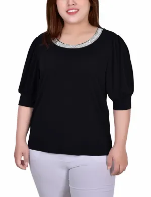 Plus Size Short Beaded Puff Sleeve Top Classic Charm Flattering Look Wear Plus Size Short Beaded Puff Sleeve Top