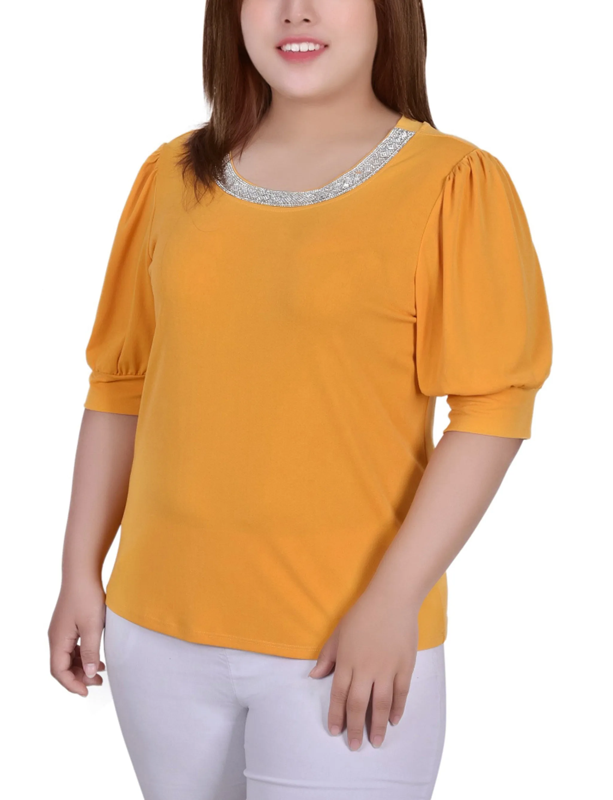 Plus Size Short Beaded Puff Sleeve Top Comfy and Cozy