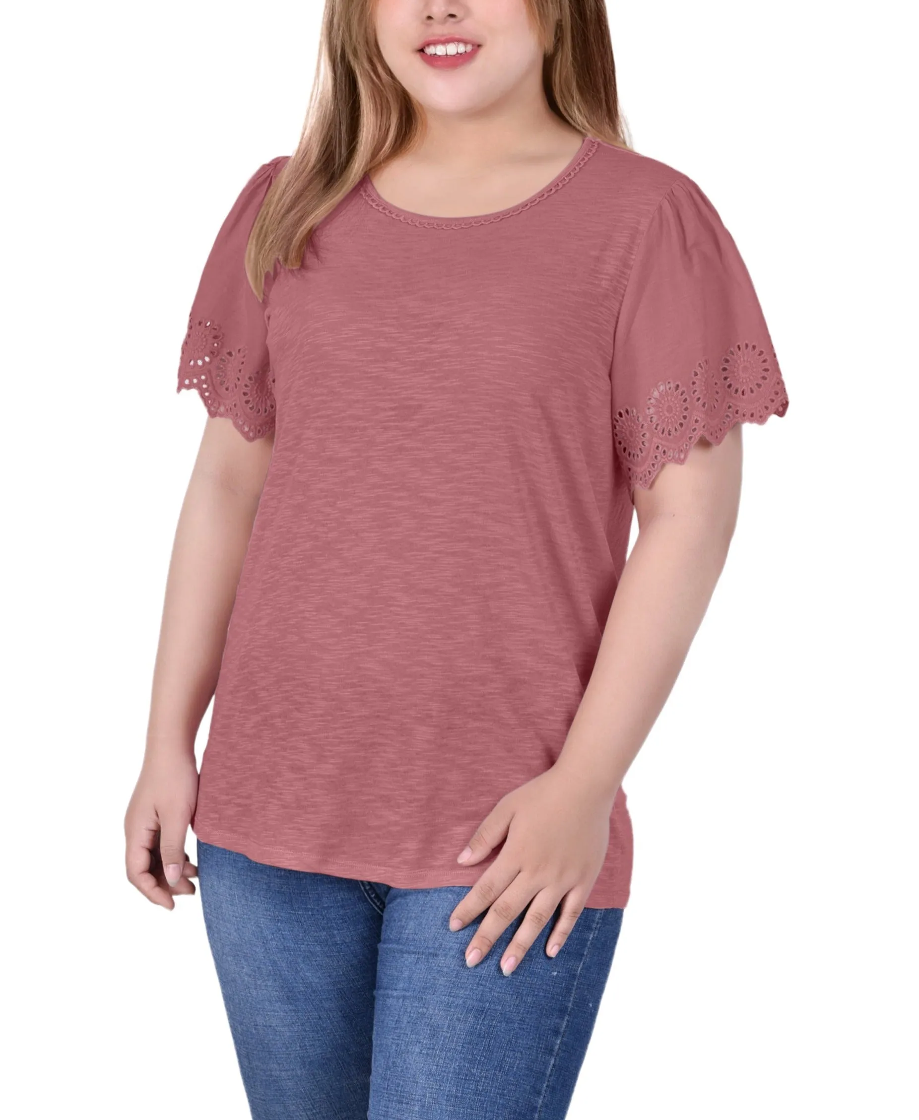 Plus Size Short Flutter Eyelet Sleeve Top Fall Inspired