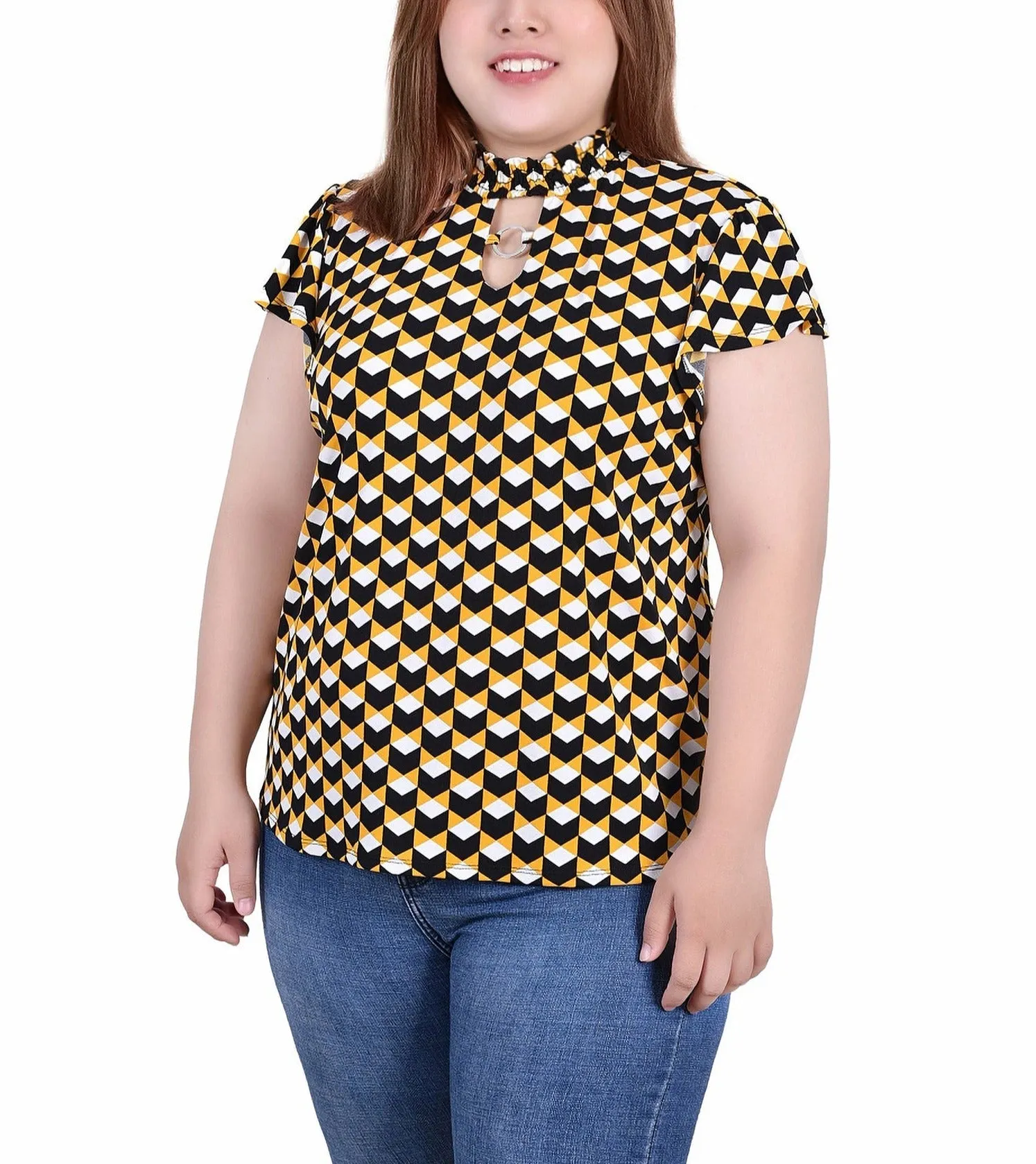 Tiered-Skirt Plus Size Short Flutter Sleeve Mock Neck Top
