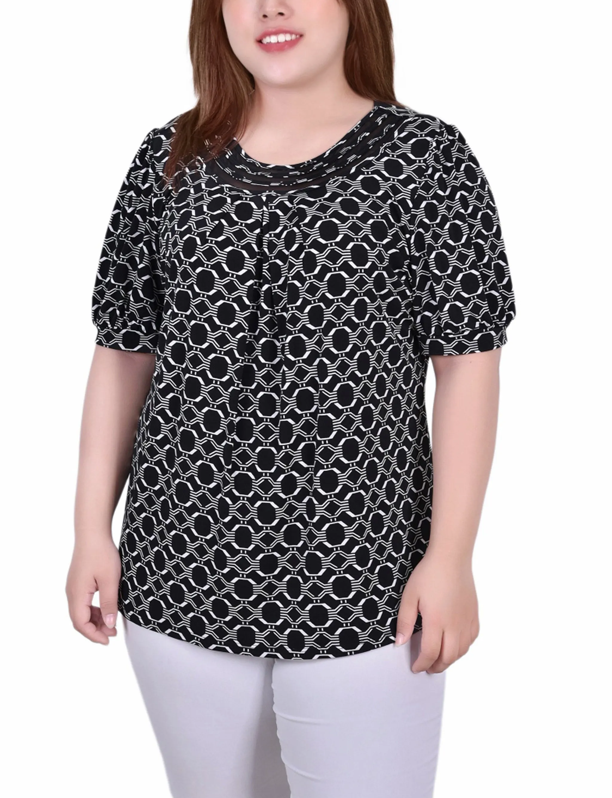 Functional Fit Plus Size Short Puff Sleeve Sheer Inset Top