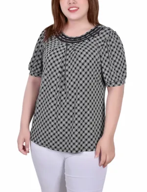 Plus Size Short Puff Sleeve Sheer Inset Top Column Shape Flattering and Chic Plus Size Short Puff Sleeve Sheer Inset Top