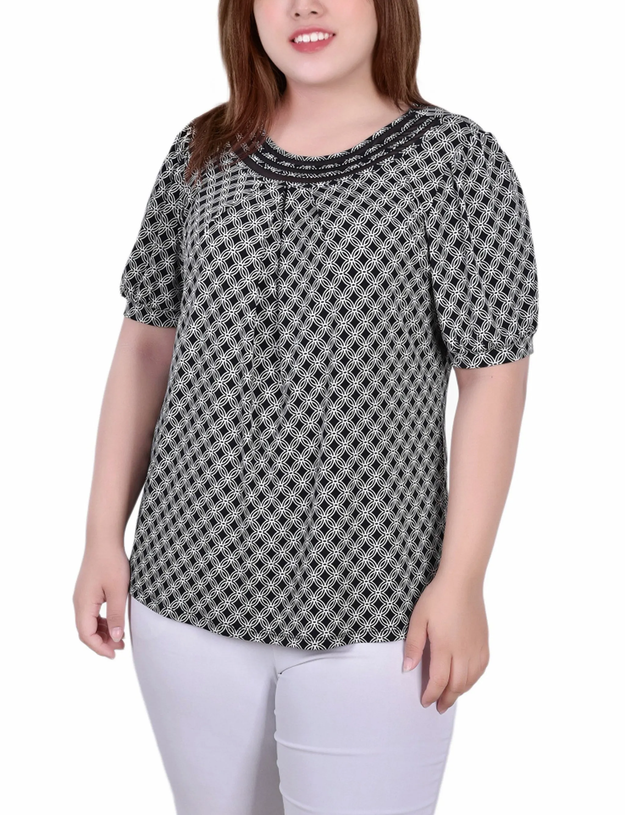 Plus Size Short Puff Sleeve Sheer Inset Top MultiPurposePockets