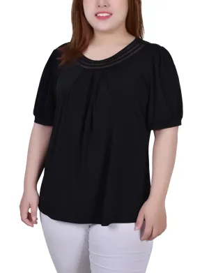 Plus Size Short Puff Sleeve Sheer Inset Top Trendy Clothing Leg-Lengthening All weather Plus Size Short Puff Sleeve Sheer Inset Top