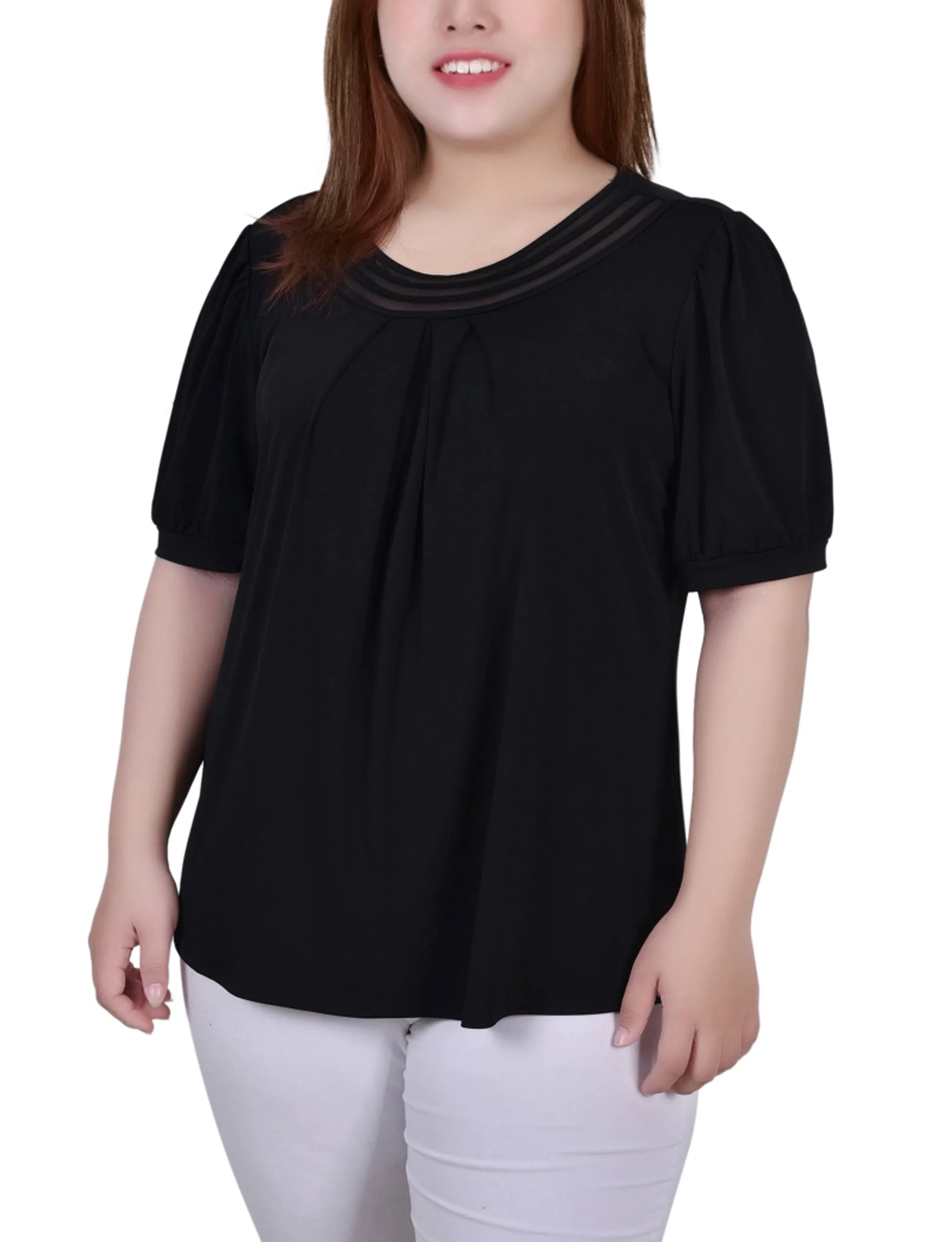 Plus Size Short Puff Sleeve Sheer Inset Top windproof Joy Glow