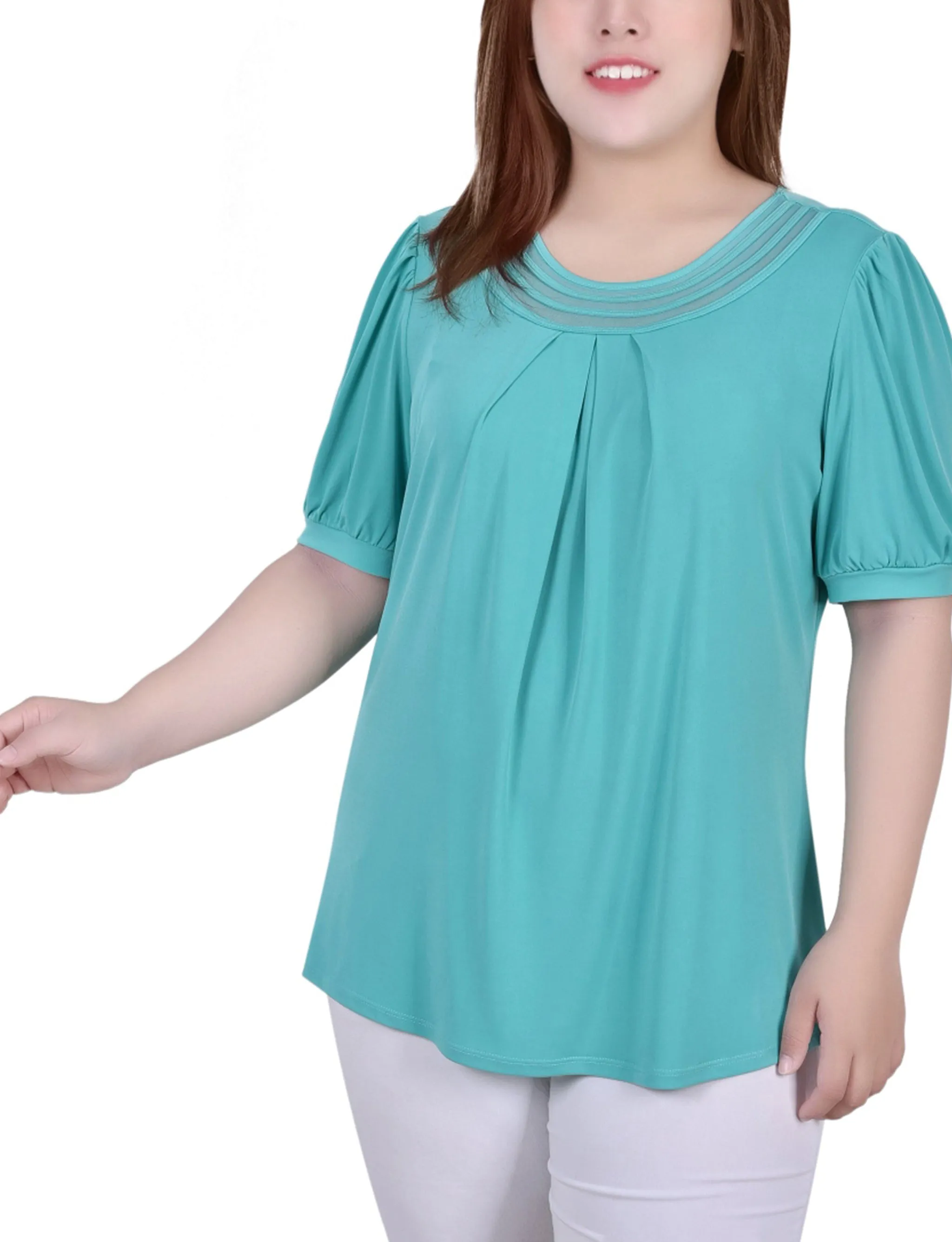 Plus Size Short Puff Sleeve Sheer Inset Top Smart Casual Standout Feature