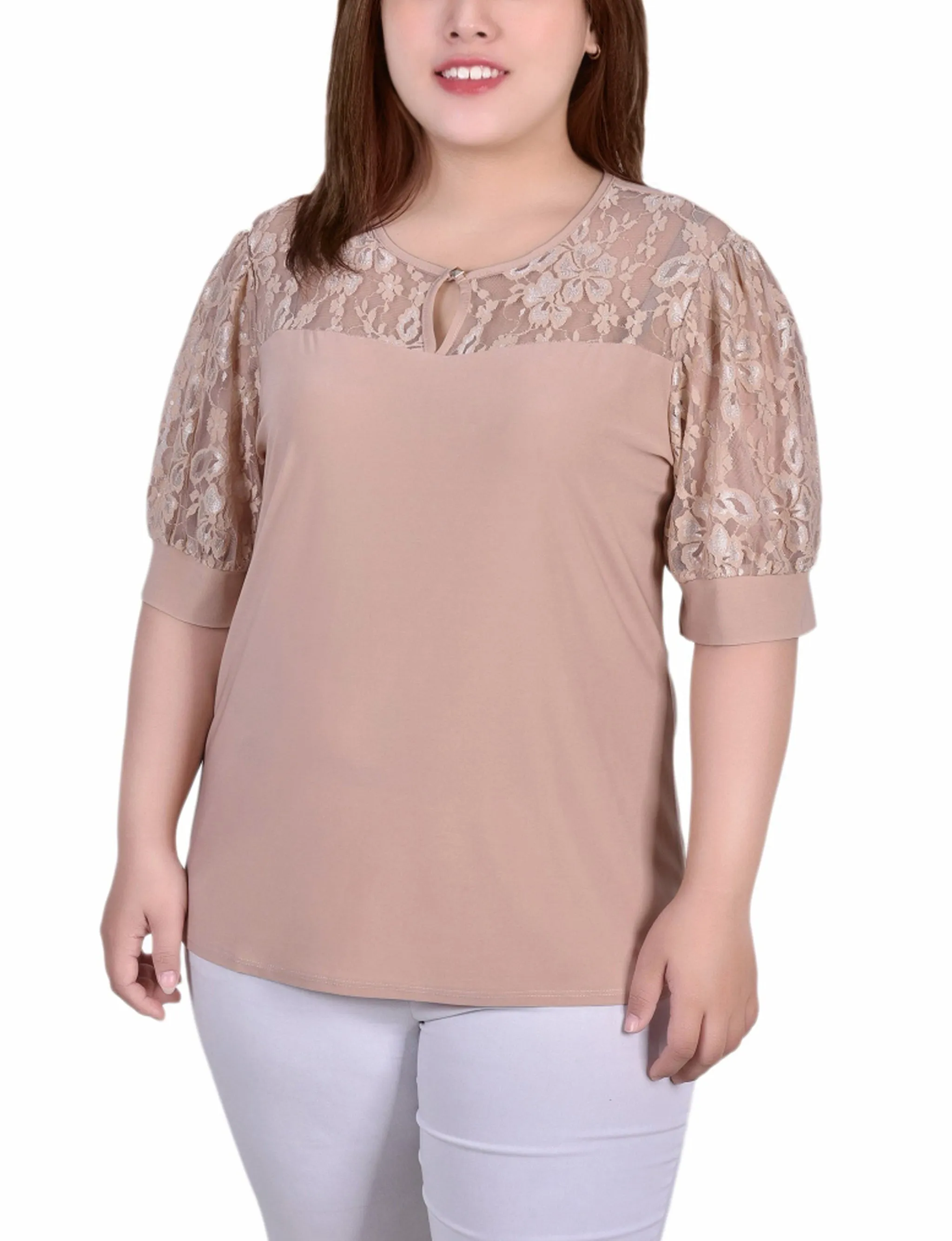 Plus Size Short Puff Sleeve Top With Lace Sleeves And Yoke Linen Soft