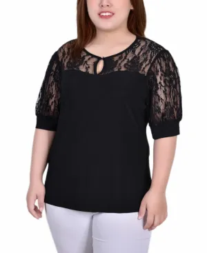 Plus Size Short Puff Sleeve Top With Lace Sleeves And Yoke Abstract print Buckle-Detail Timeless Waist Plus Size Short Puff Sleeve Top With Lace Sleeves And Yoke