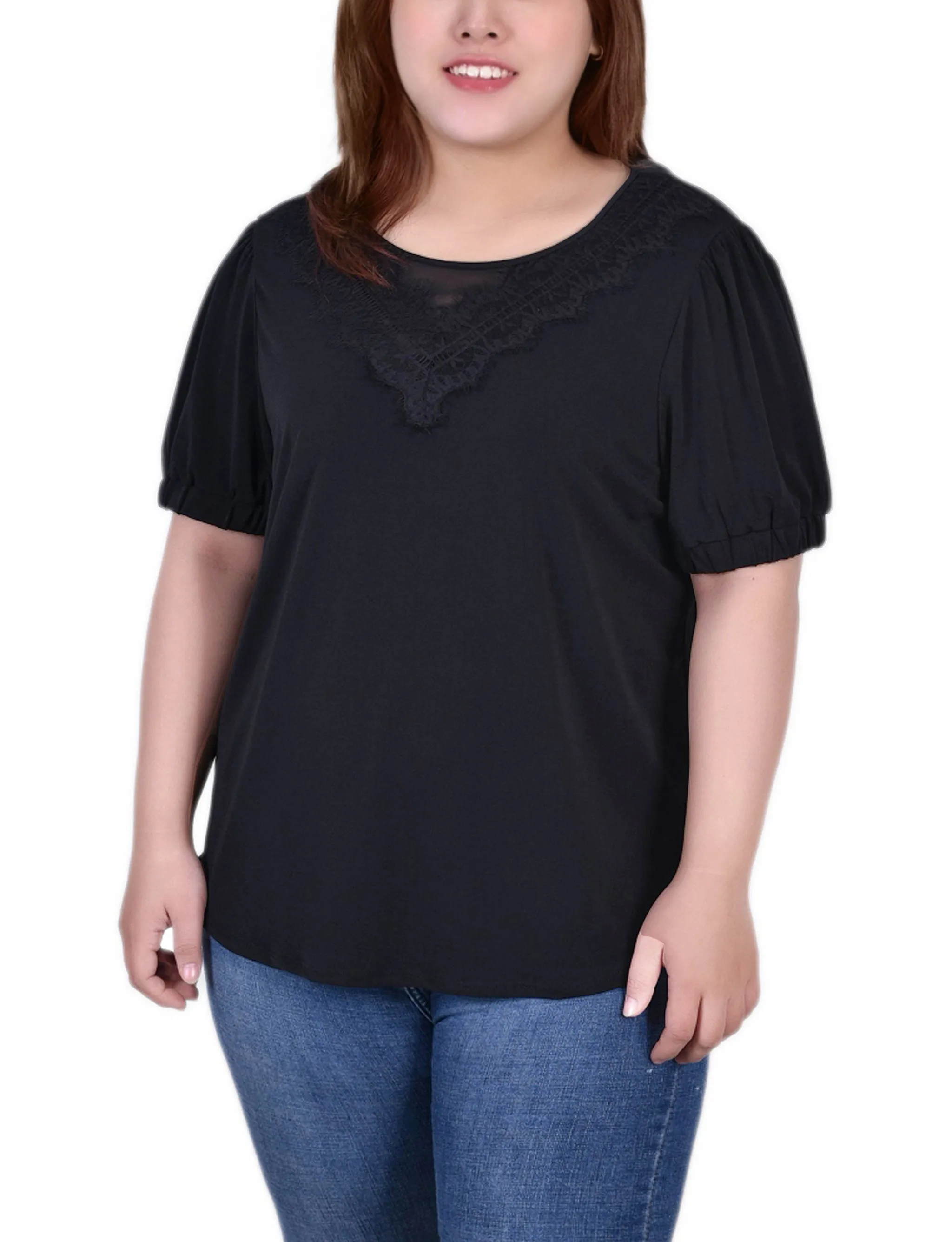 Plus Size Short Puff Sleeve Top With Lace Interchangeable-Detail Street Mood